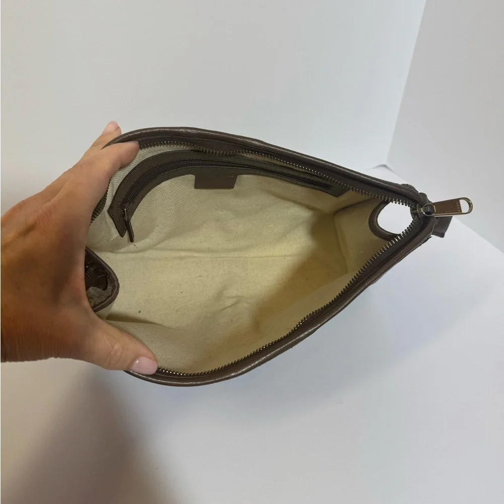 AUTHENTIC Gucci Beige Monogram Pouch/Clutch  with Green and Red Web